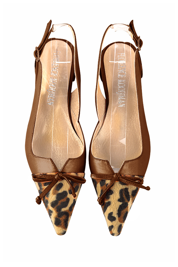 Safari black and caramel brown women's open back shoes, with a knot. Pointed toe. Flat flare heels. Top view - Florence KOOIJMAN